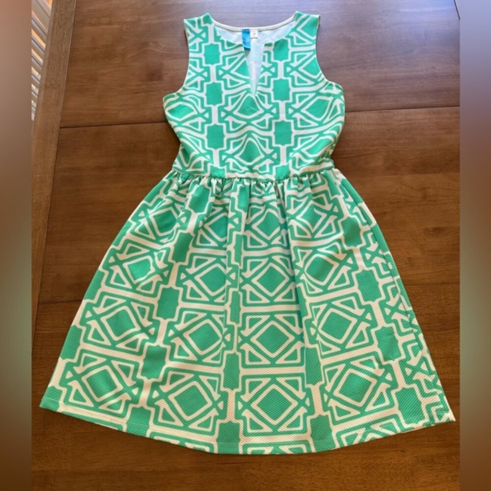Francesca‘s Buttons Green Geometric Women’s Dress size Medium EUC
